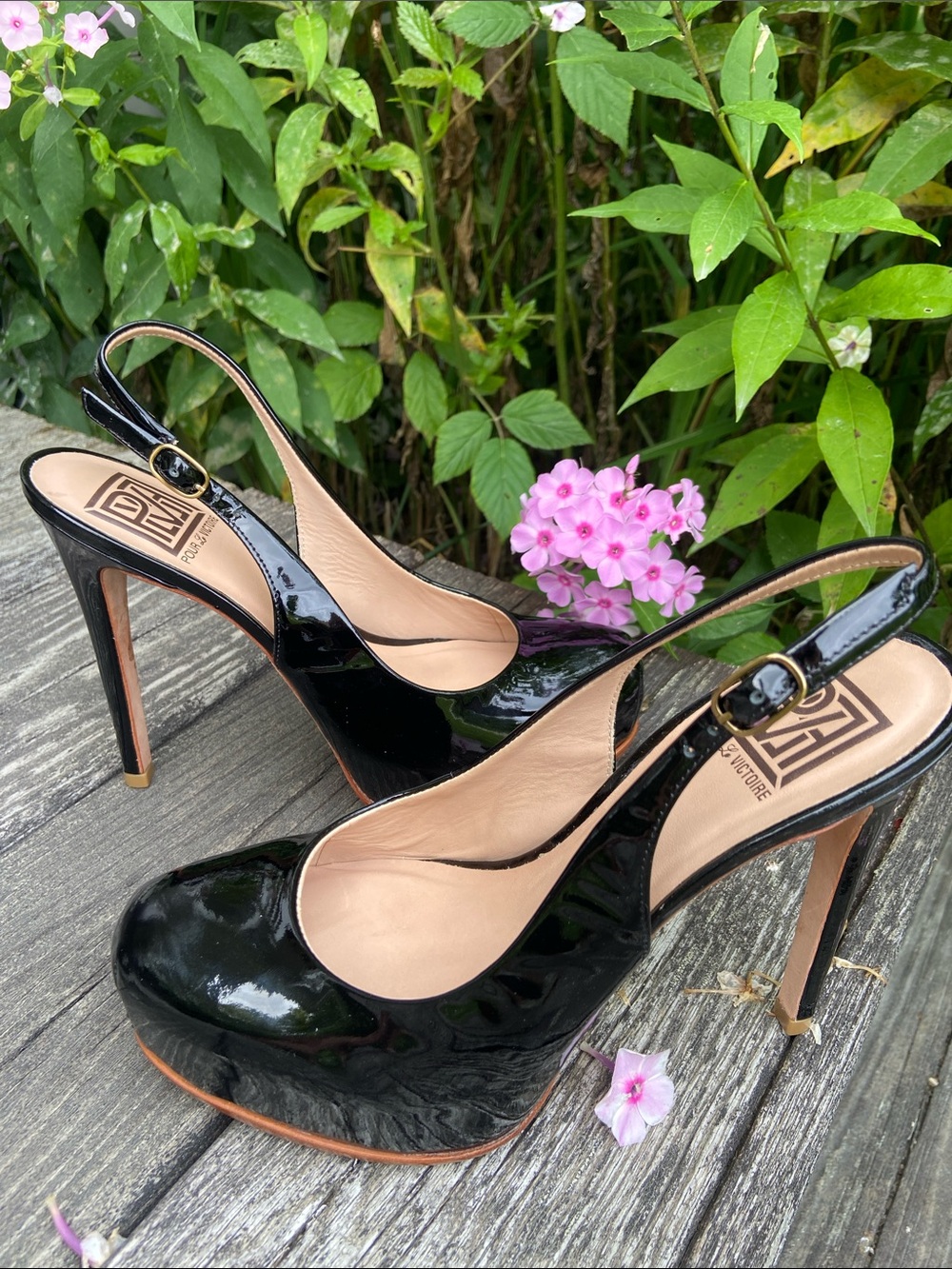 Pour La Victoire Aria Black Patent Leather Platform Slingback Heels Size 7.5